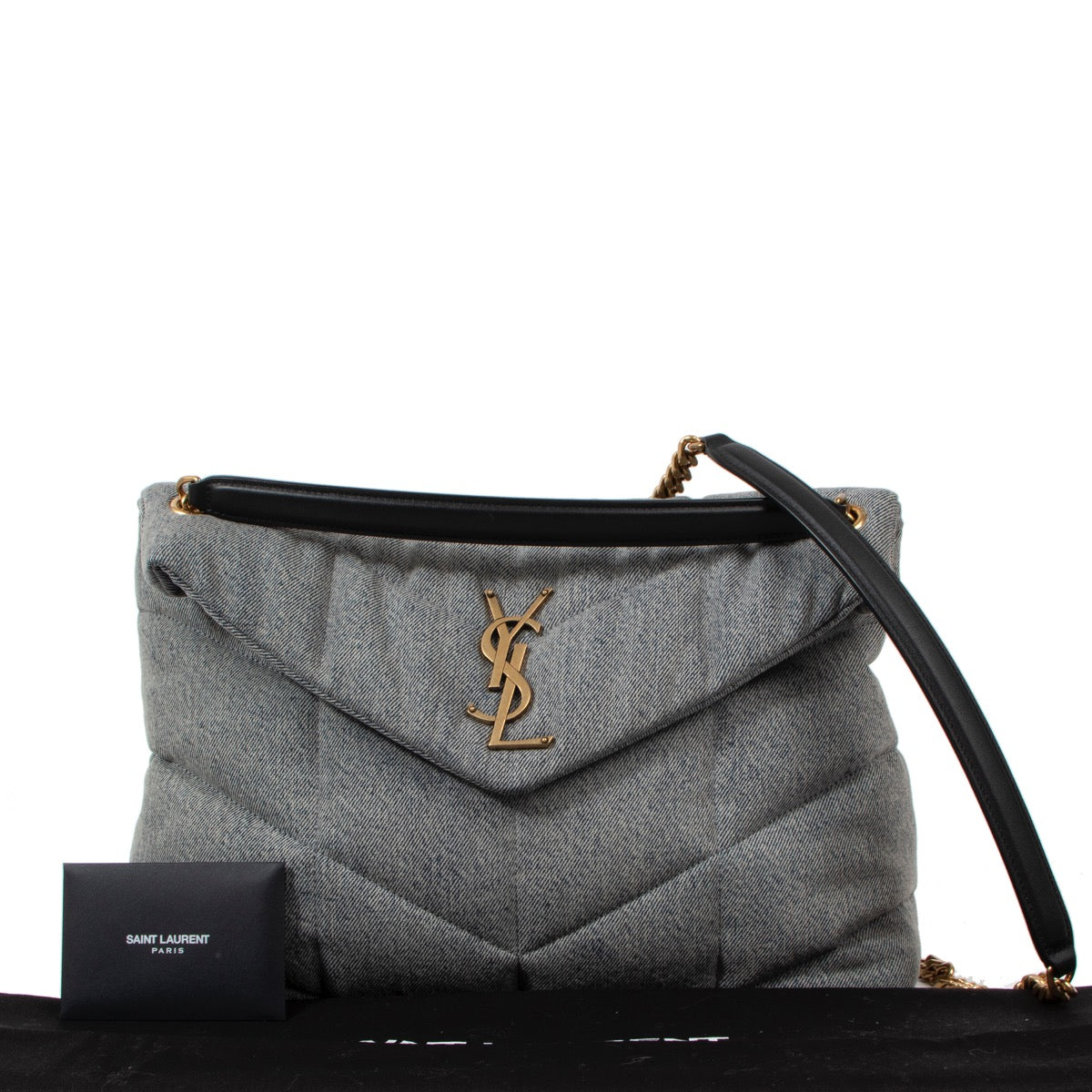 Saint Laurent Medium Puffer Denim Chain Bag for the best price at Labellov secondhand luxury in Antwerp.