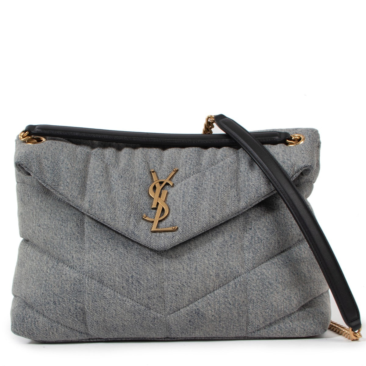 Saint Laurent Medium Puffer Denim Chain Bag for the best price at Labellov secondhand luxury in Antwerp.