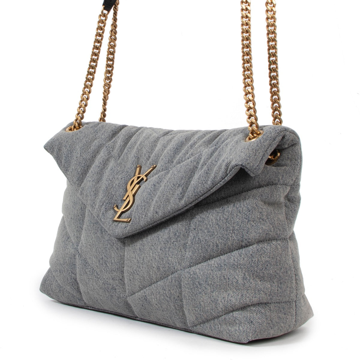 Saint Laurent Medium Puffer Denim Chain Bag for the best price at Labellov secondhand luxury in Antwerp.