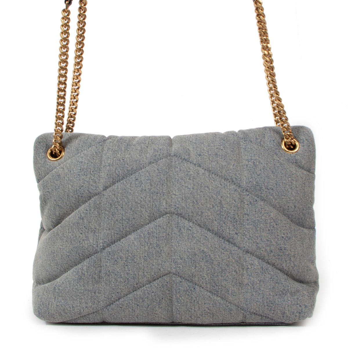 Saint Laurent Medium Puffer Denim Chain Bag for the best price at Labellov secondhand luxury in Antwerp.