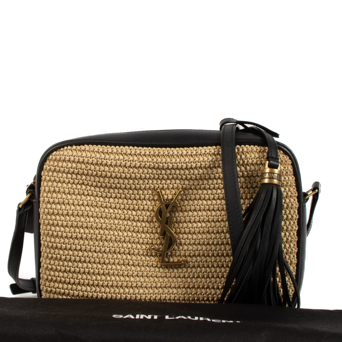 Shop safe online at Labellov in Antwerp, Brussels and Knokke this 100% authentic second hand Saint Laurent Black Leather / Raffia Lou Camera Bag