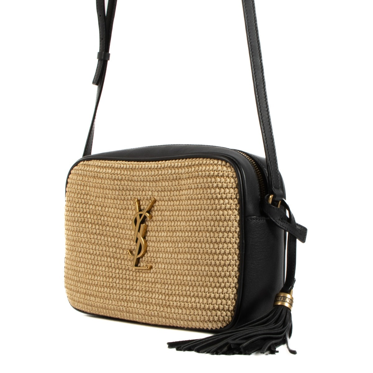 Shop safe online at Labellov in Antwerp, Brussels and Knokke this 100% authentic second hand Saint Laurent Black Leather / Raffia Lou Camera Bag