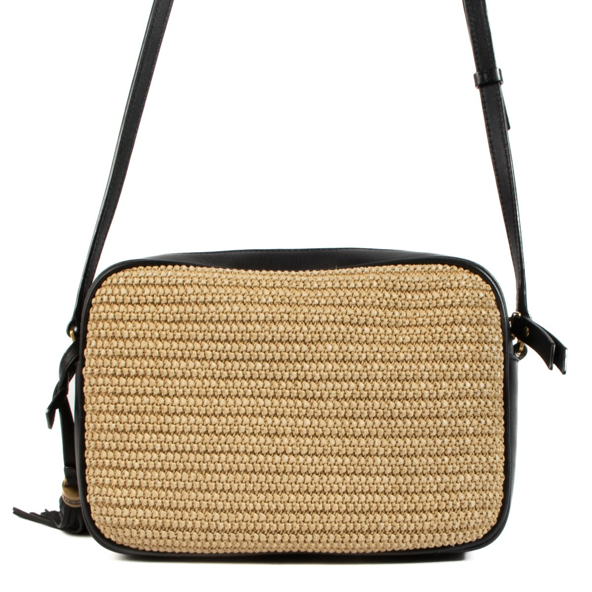 Shop safe online at Labellov in Antwerp, Brussels and Knokke this 100% authentic second hand Saint Laurent Black Leather / Raffia Lou Camera Bag