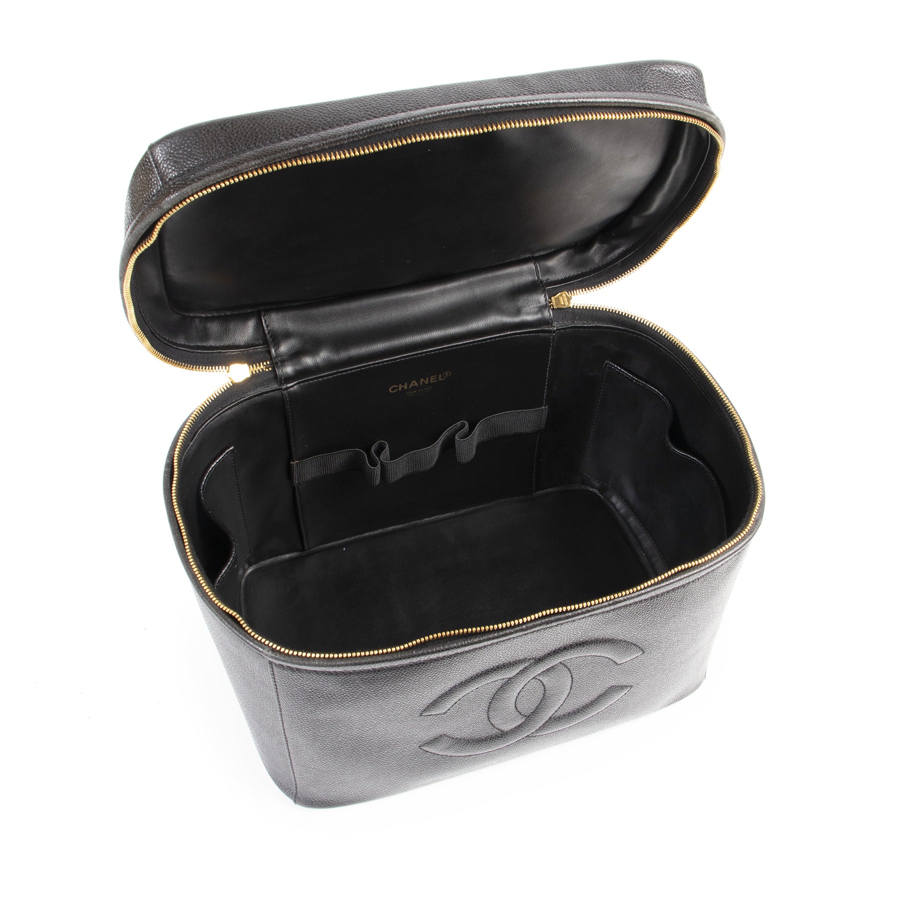 100% authentic unique Chanel Vintage Black Leather Beauty Case