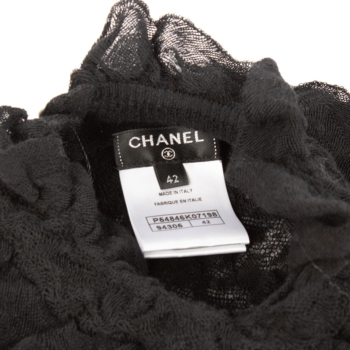 Chanel Zwarte Wollen Gebreide Trui met Ruches en Kant - Maat FR42