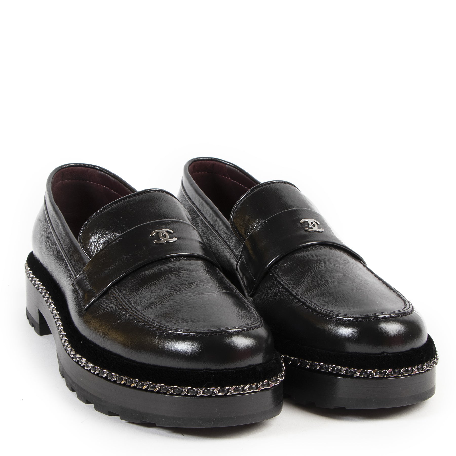 Authentic secondhand Chanel Black Leather Chain Link Platform Loafers - Size 38,5 designer shoes fashion luxury vintage webshop safe secure online shopping
