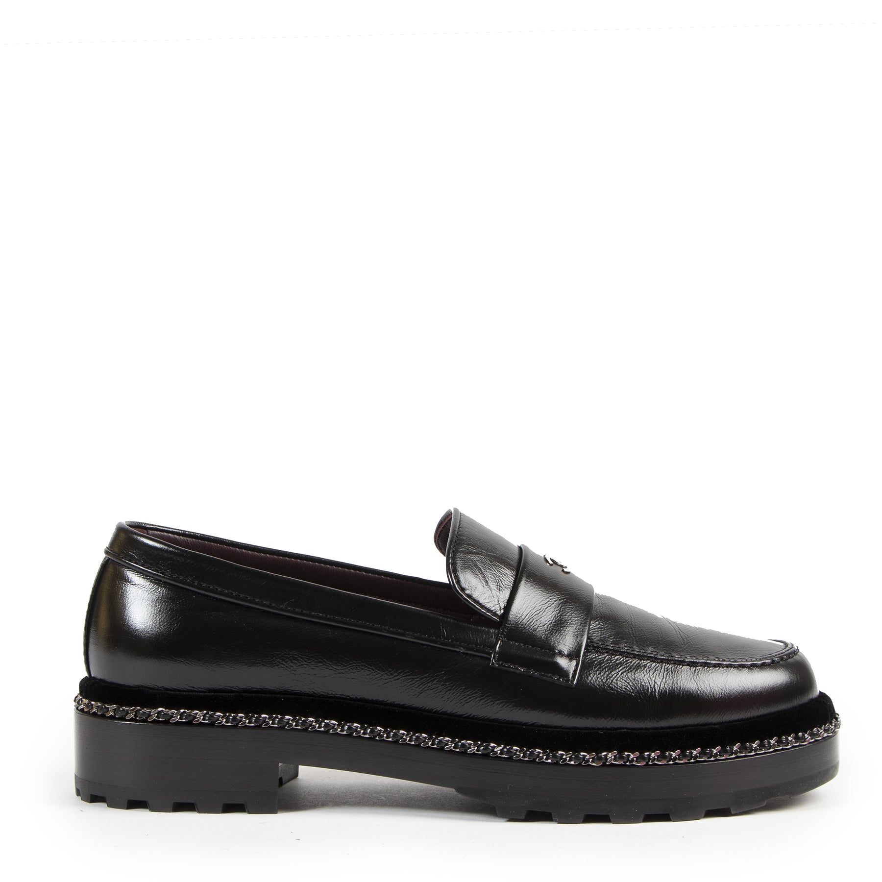 Authentieke Tweedehands Chanel Black Leather Chain Link Platform Loafers - Size 38,5 juiste prijs veilig online shoppen luxe merken webshop winkelen Antwerpen België mode fashion