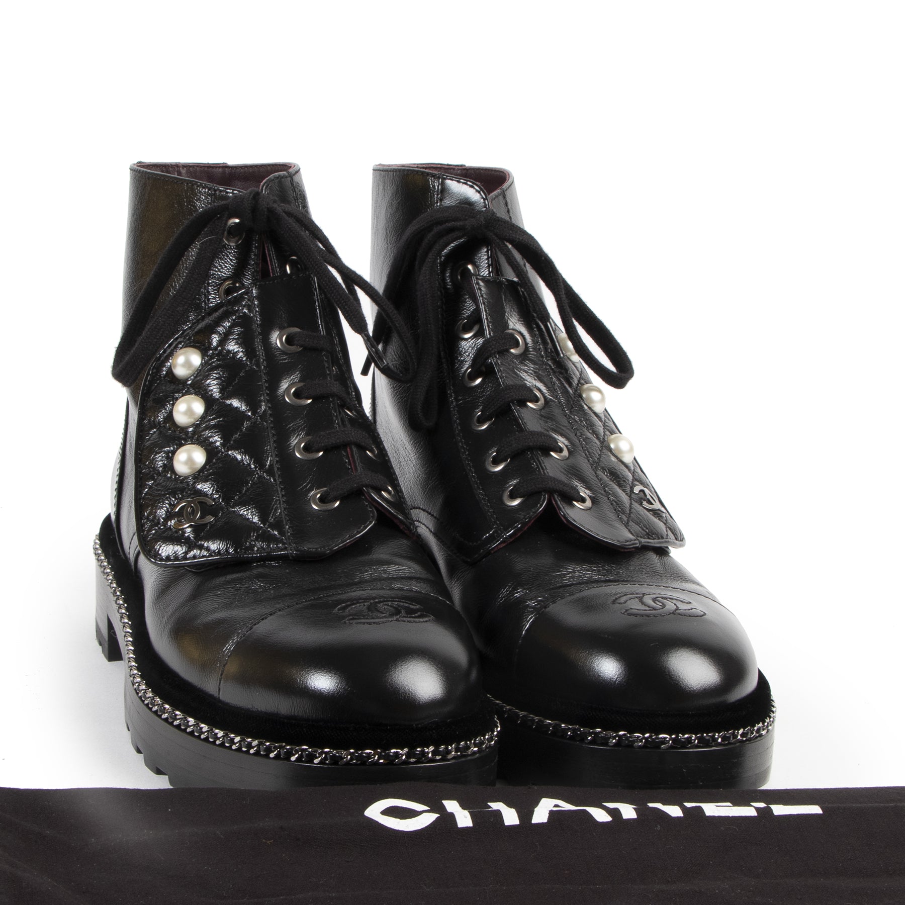 Chanel Leather Military Boots Black Pearl