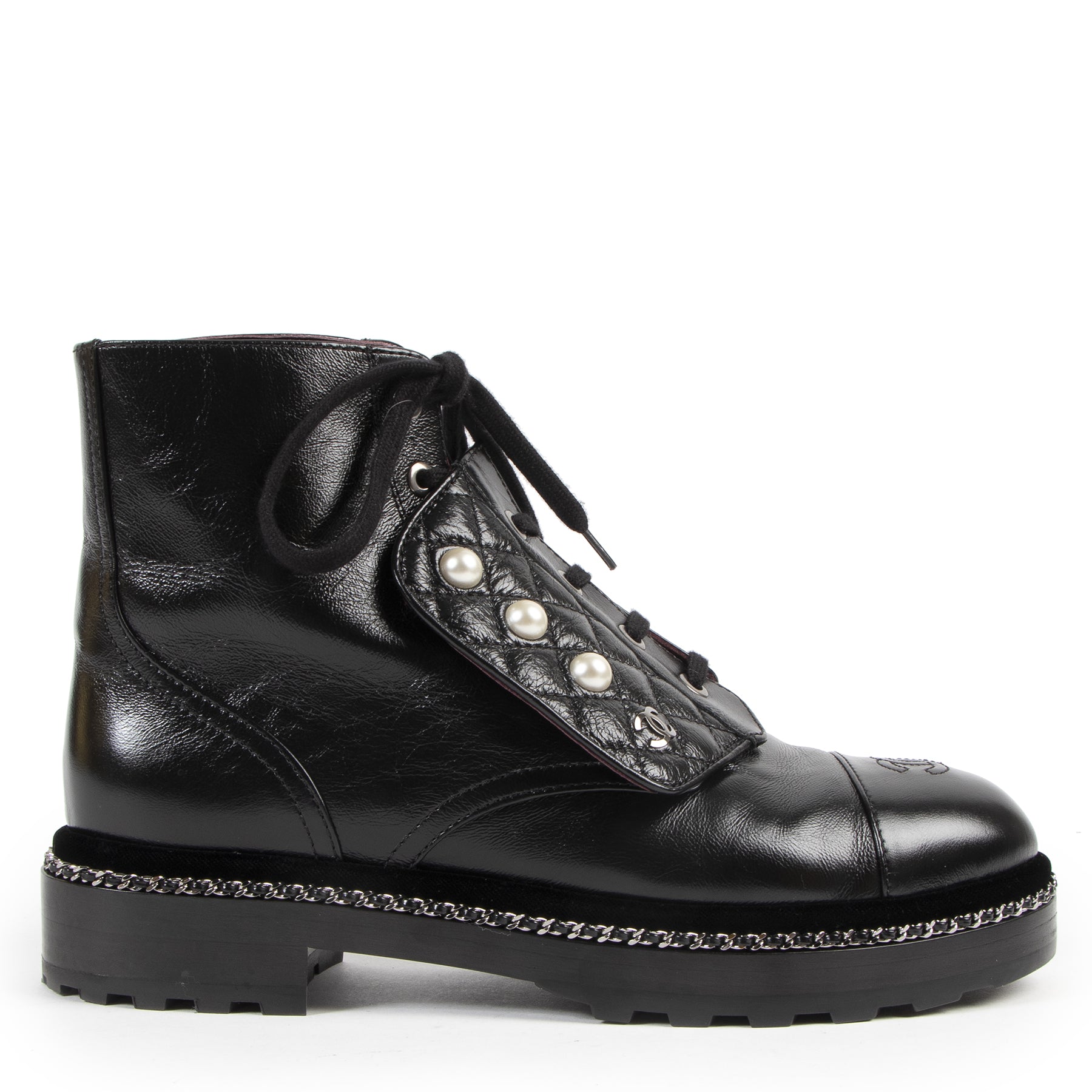 Chanel Black Leather Pearl Military Boots