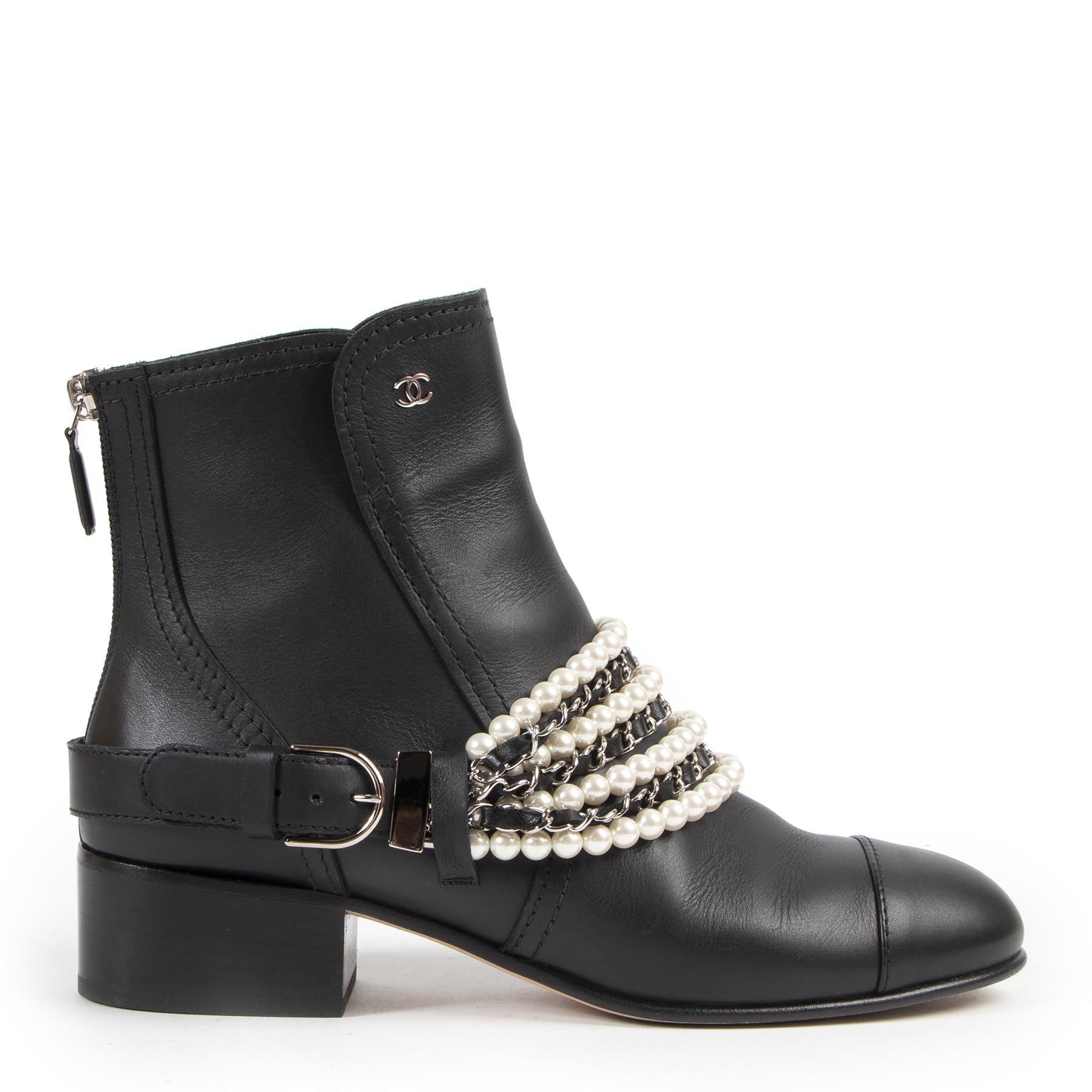 Chanel Black Pearl and Chain Ankle Boots for the best price at Labellov secondhand luxury in Antwerp