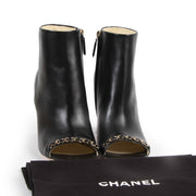 Authentic secondhand Chanel Black Leather Chain Link Trim Peep Toe Ankle Boots - Size 39 designer boots fashion luxury vintage webshop safe secure online shopping