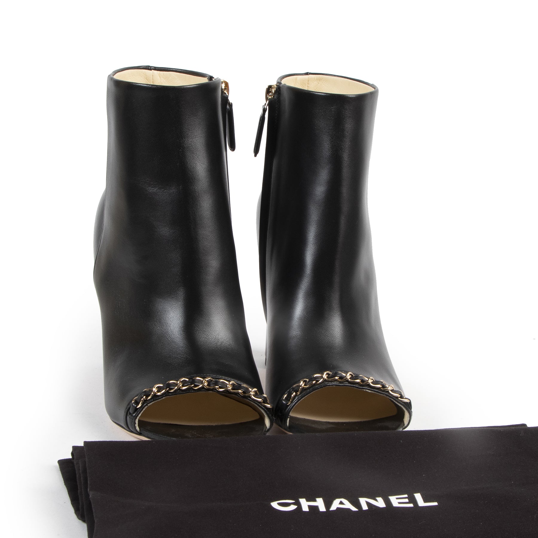 Authentic secondhand Chanel Black Leather Chain Link Trim Peep Toe Ankle Boots - Size 39 designer boots fashion luxury vintage webshop safe secure online shopping