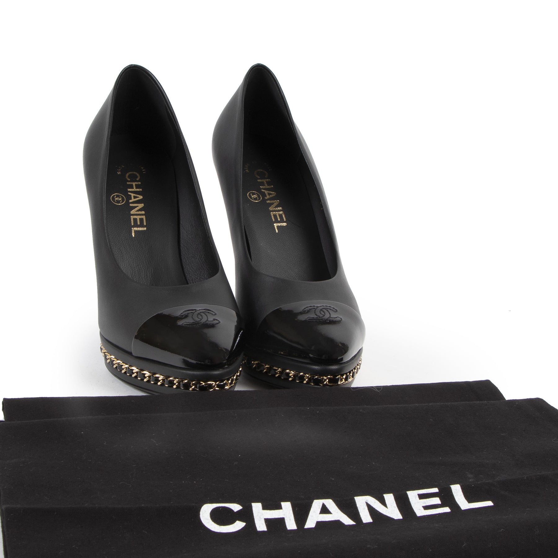 Authentic secondhand Chanel Black Leather CC Cap Toe Chain Detail Platform Pumps - Size 39 designer pumps fashion luxury vintage webshop safe secure online shopping