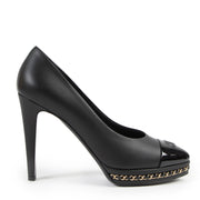 Authentic secondhand Chanel Black Leather CC Cap Toe Chain Detail Platform Pumps - Size 39 designer pumps fashion luxury vintage webshop safe secure online shopping