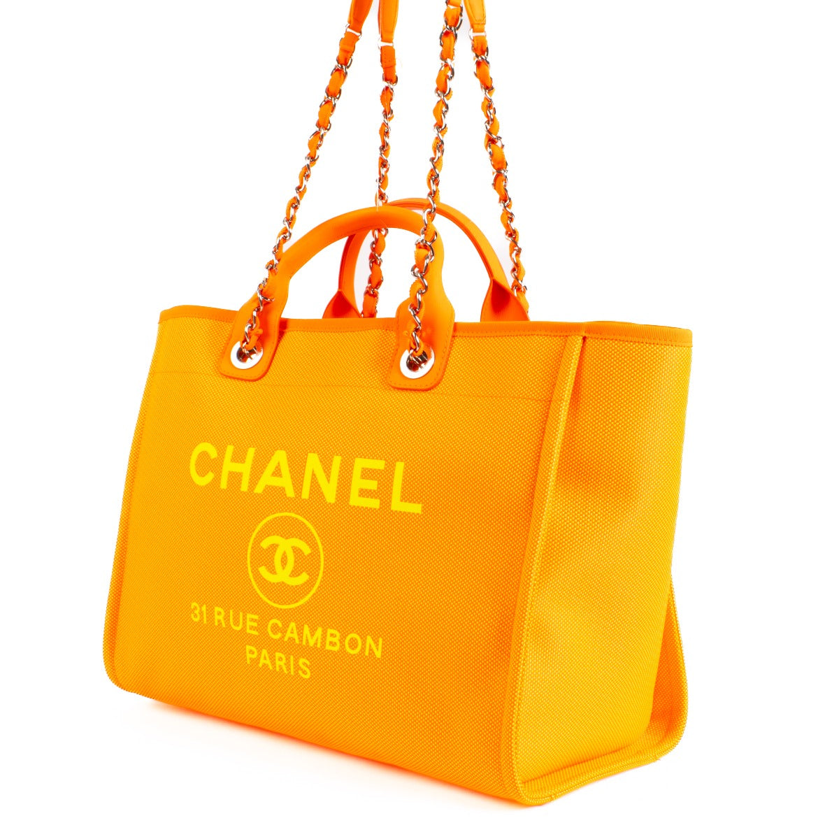 Sac shopping large Deauville Chanel 21S en fibres mélangées orange fluo