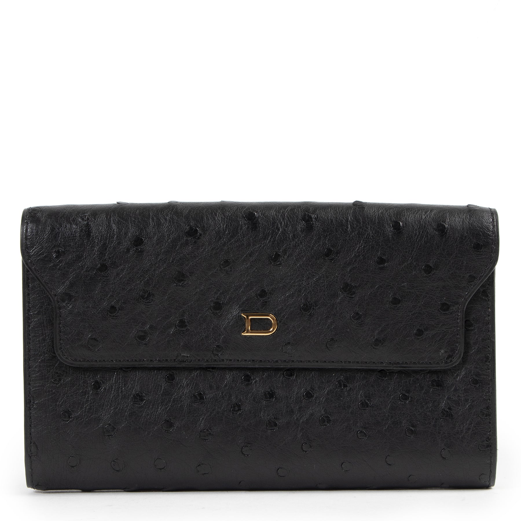 Authentieke Tweedehands Delvaux Black Ostrich Wallet juiste prijs veilig online shoppen luxe merken webshop winkelen Antwerpen België mode fashion