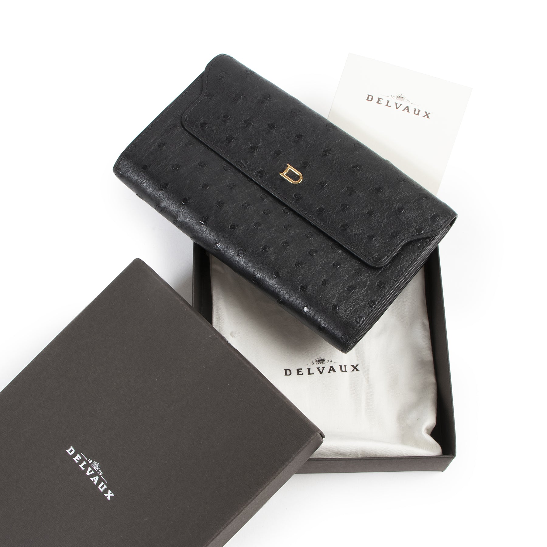 Authentieke Tweedehands Delvaux Black Ostrich Wallet juiste prijs veilig online shoppen luxe merken webshop winkelen Antwerpen België mode fashion