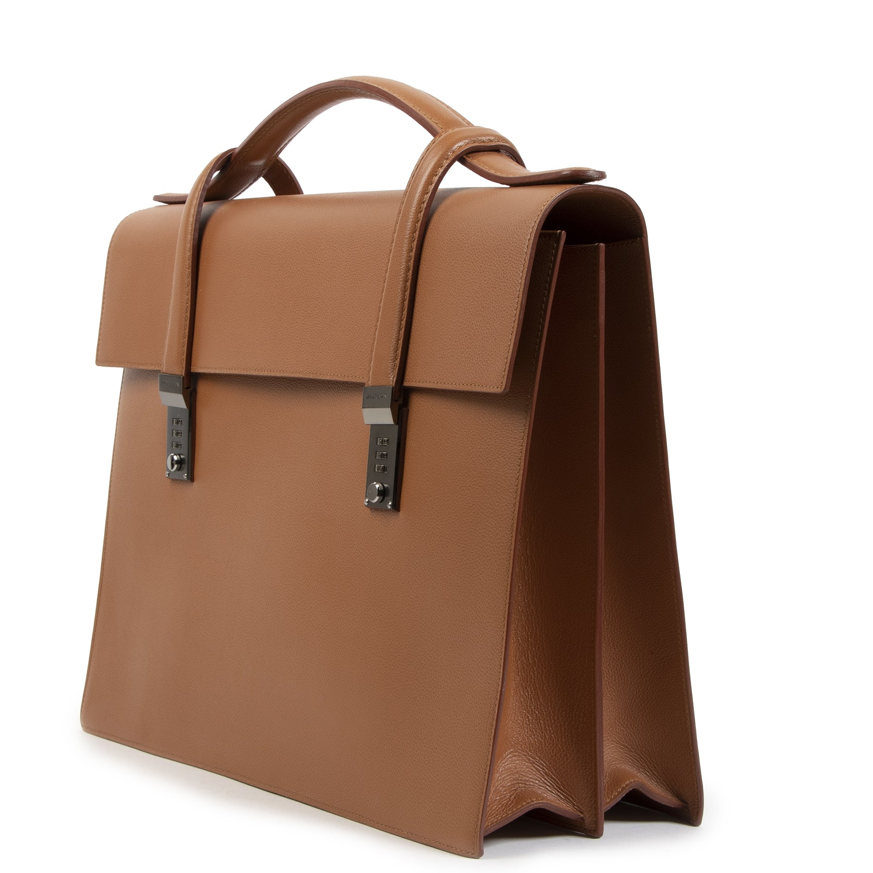 Authentique seconde main Delvaux Caractère 2 Camel Briefcase achète en ligne webshop LabelLOV