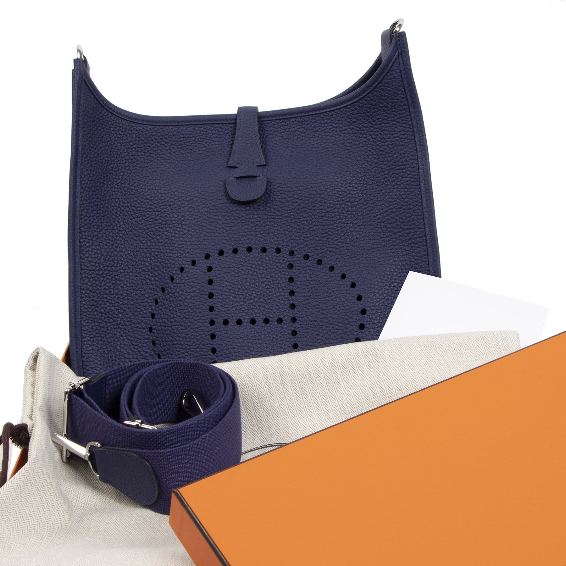 Authentieke tweedehands vintage Hermès Blue Evelyne PM Bag koop online webshop LabelLOV