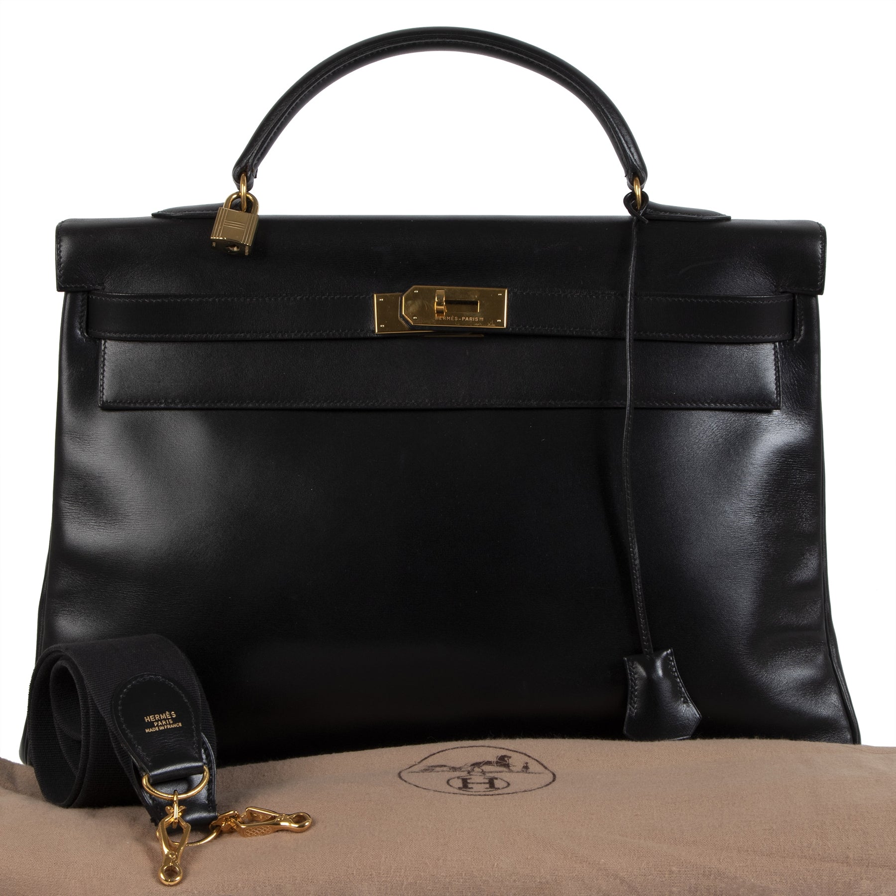 Authentieke tweedehands vintage Hermès Kelly 40 Black Boxcalf koop online webshop LabelLOV