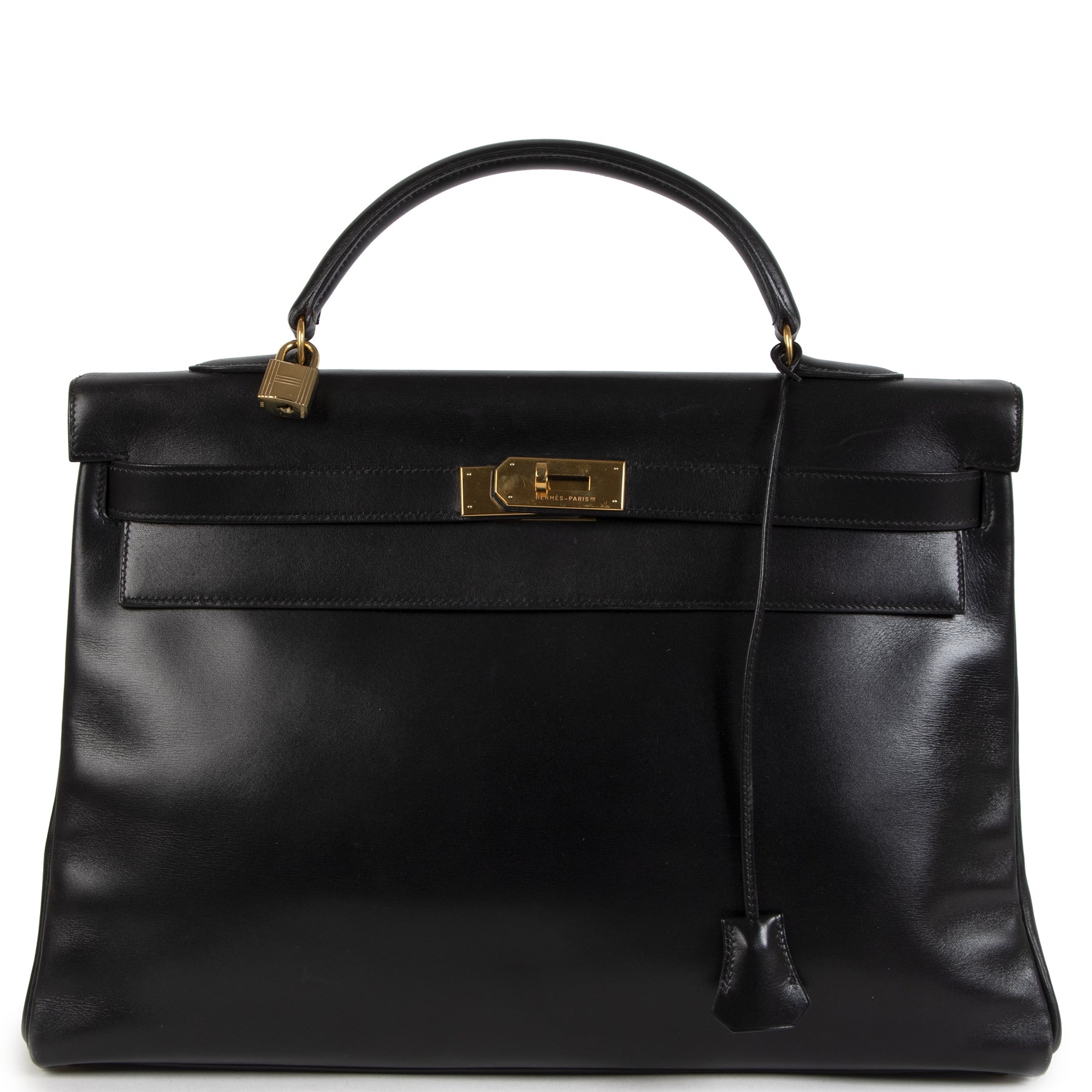 Authentieke tweedehands vintage Hermès Kelly 40 Black Boxcalf koop online webshop LabelLOV