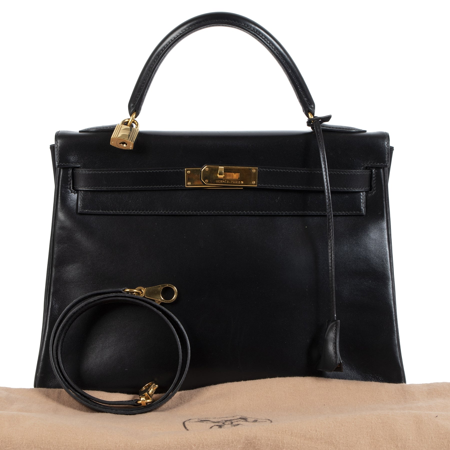 Authentieke tweedehands vintage Hermès Kelly 32 Boxcalf Black Bag koop online webshop LabelLOV
