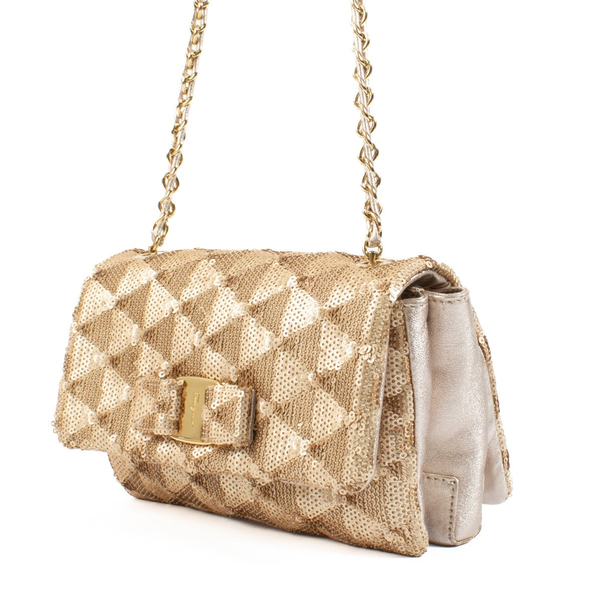Ferragamo Gouden Pailletten Vera Bow Mini Tas