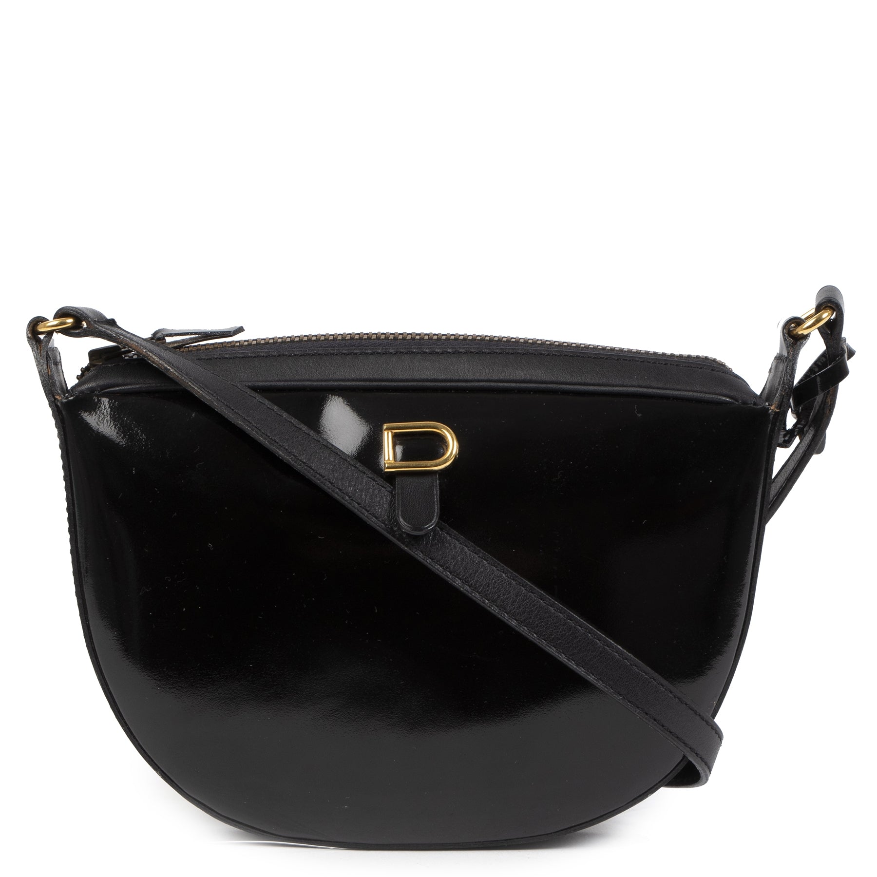 Authentieke tweedehands vintage Delvaux Black Patent Leather Crossbody Bag koop online webshop labelLOV