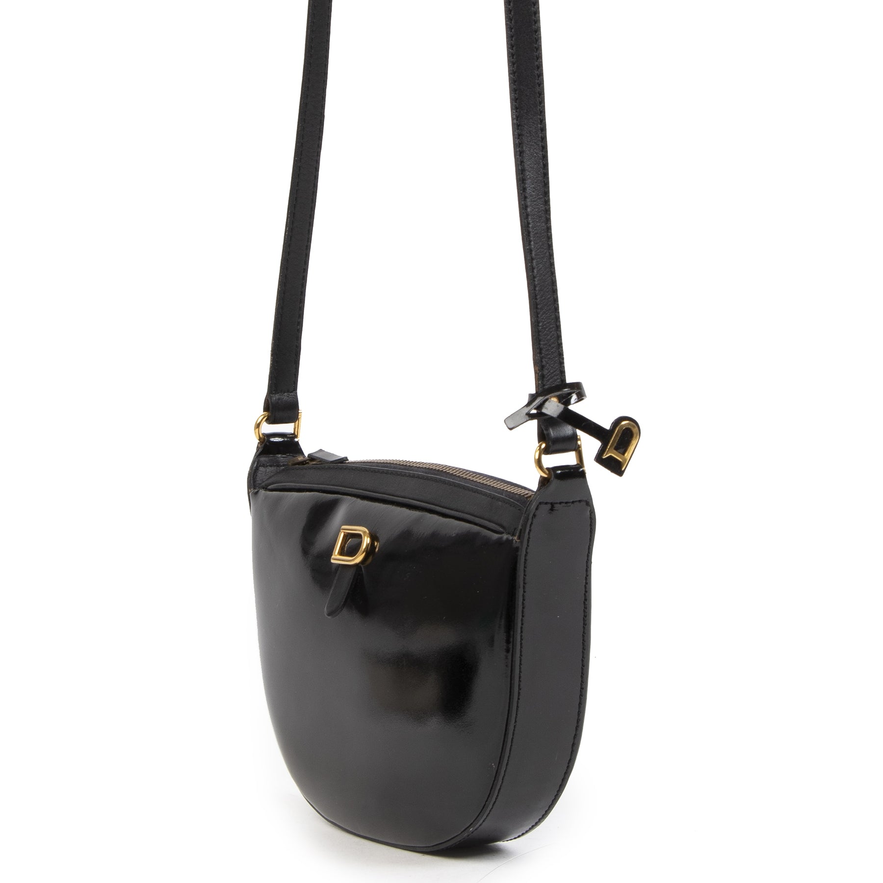 Authentic second-hand vintage Delvaux Black Patent Leather Crossbody Bag buy online webshop LabelLOV