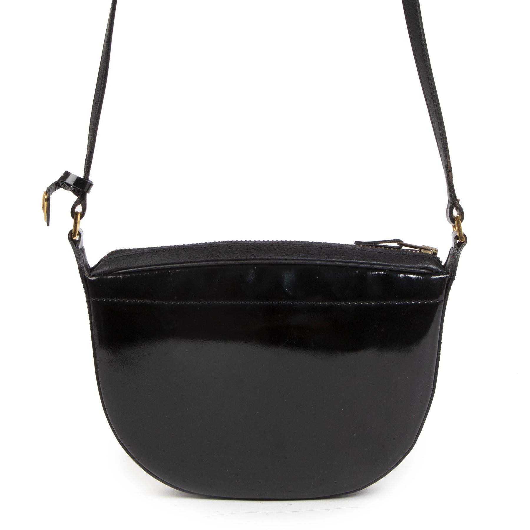 Authentieke tweedehands vintage Delvaux Black Patent Leather Crossbody Bag koop online webshop labelLOV