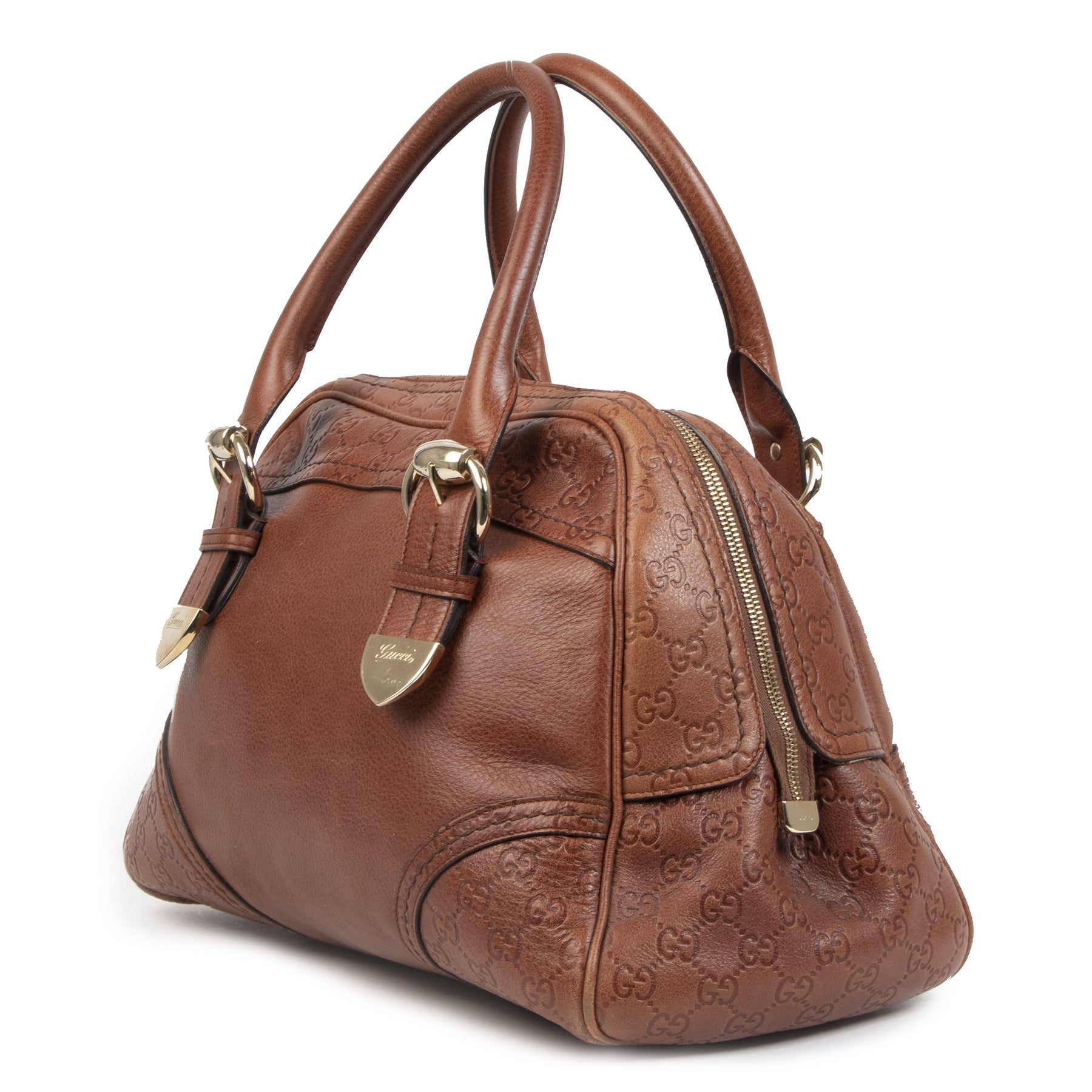 Authentieke Tweedehands Gucci Brown Leather Bowling Bag juiste prijs veilig online shoppen luxe merken webshop winkelen Antwerpen België mode fashion