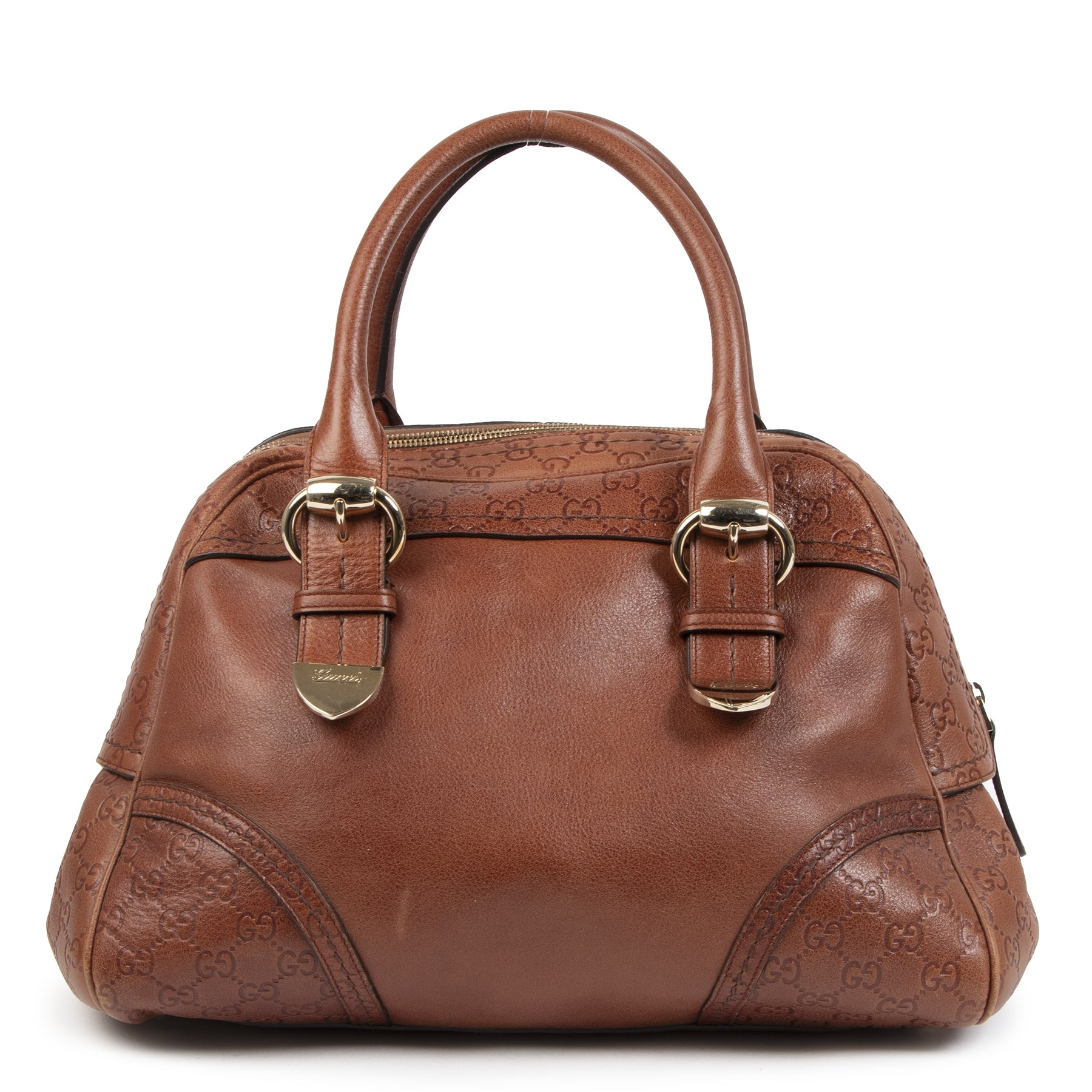 Authentieke Tweedehands Gucci Brown Leather Bowling Bag juiste prijs veilig online shoppen luxe merken webshop winkelen Antwerpen België mode fashion