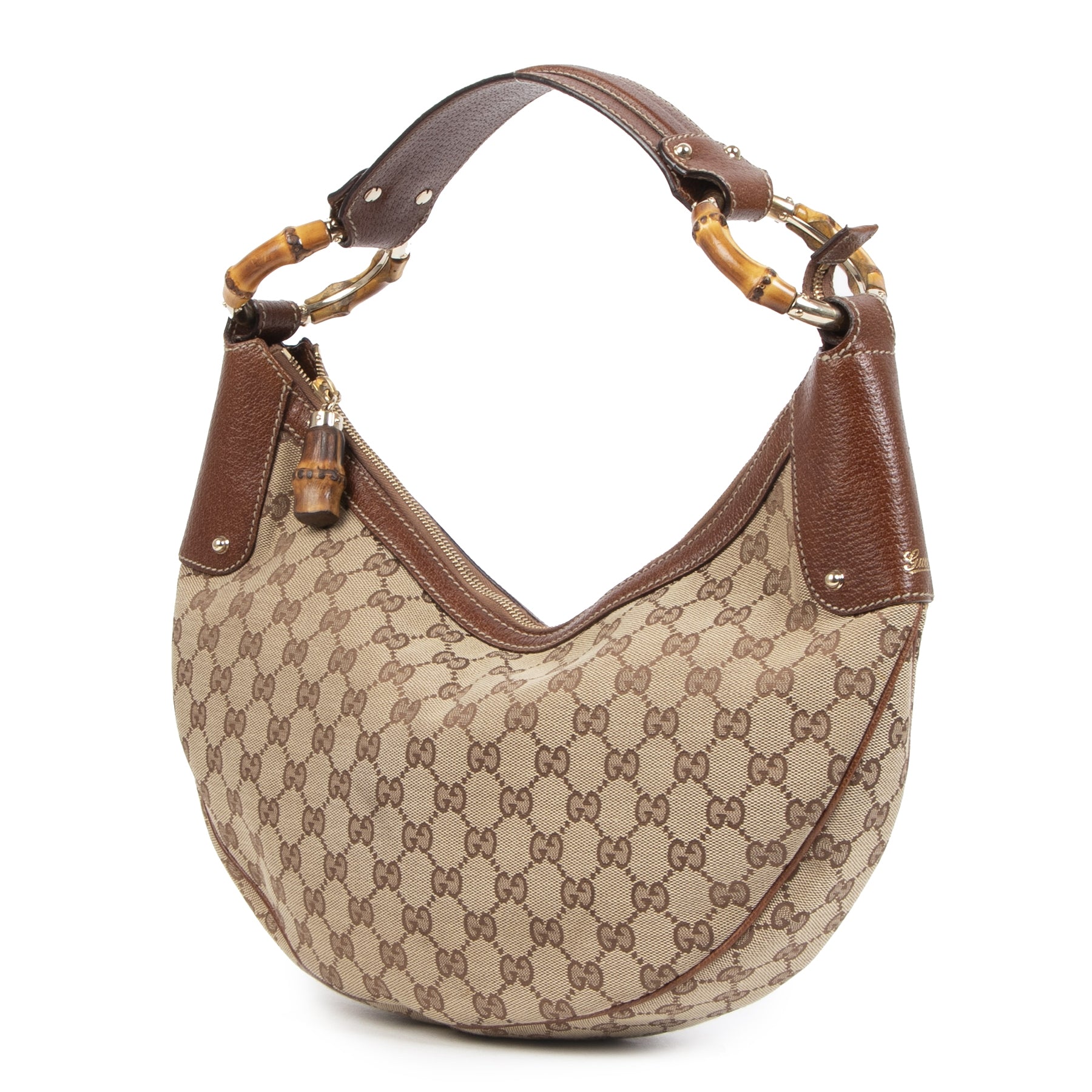 koop online tegen de beste prijs Gucci GG Canvas Bamboo Ring Hobo Bag