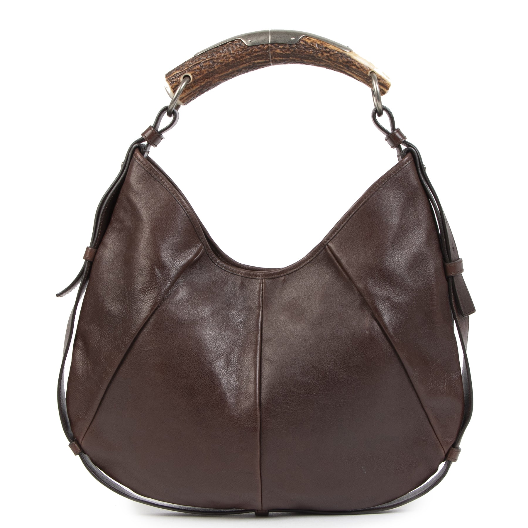 Authentieke Tweedehands Yves Saint Laurent Mombasa Horn Handle Brown Leather Shoulder Bag juiste prijs veilig online shoppen luxe merken webshop winkelen Antwerpen België mode fashion