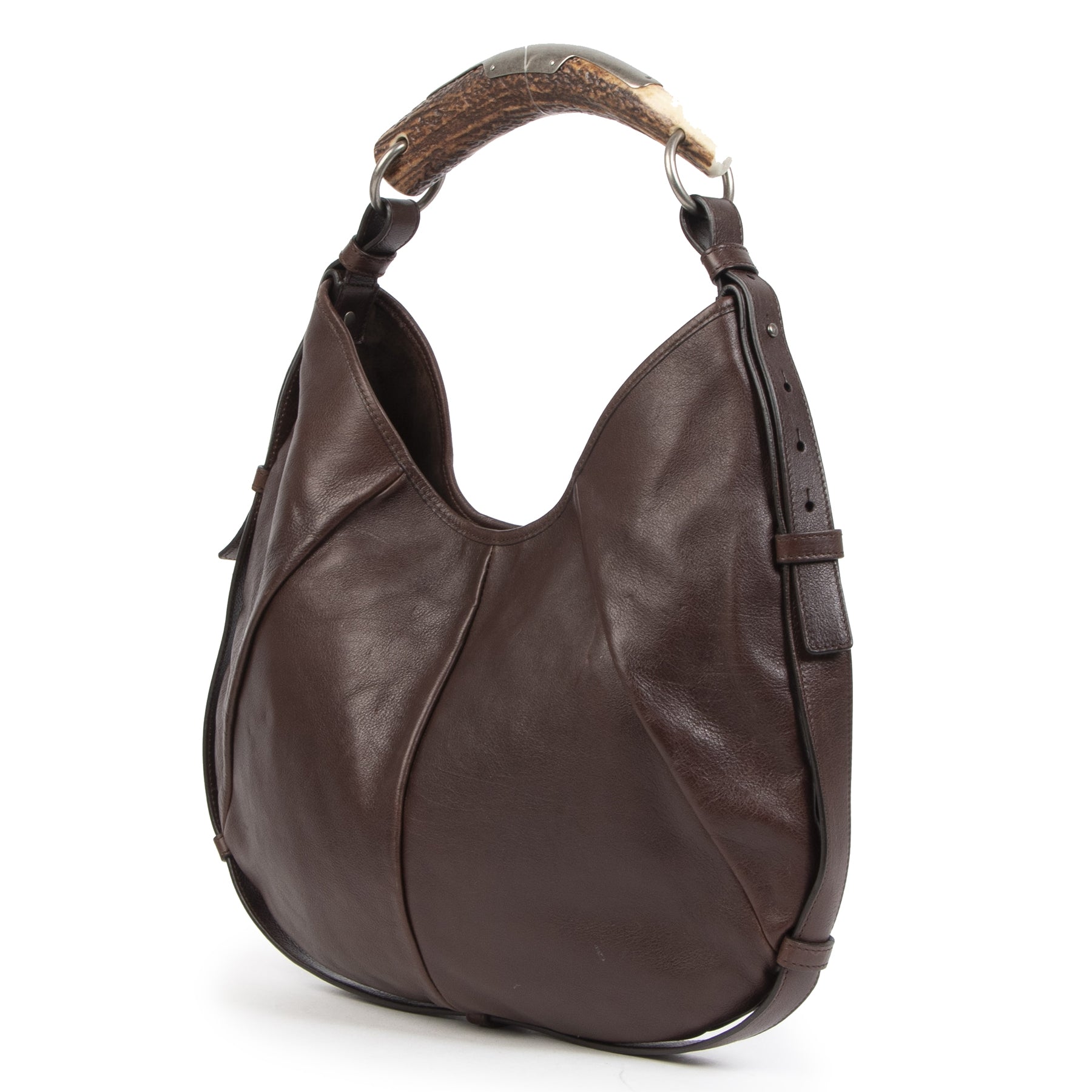 Authentieke Tweedehands Yves Saint Laurent Mombasa Horn Handle Brown Leather Shoulder Bag juiste prijs veilig online shoppen luxe merken webshop winkelen Antwerpen België mode fashion
