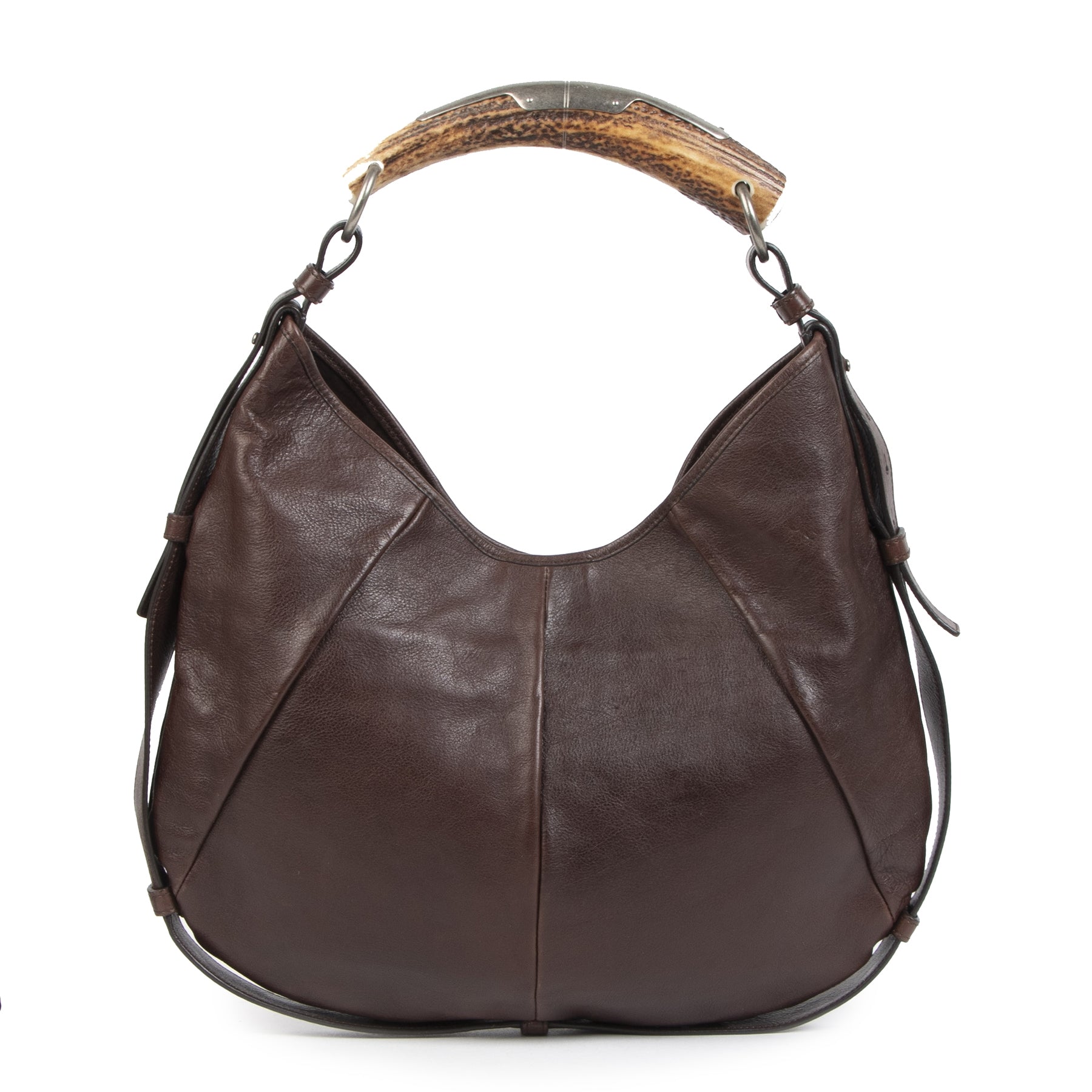 Authentieke Tweedehands Yves Saint Laurent Mombasa Horn Handle Brown Leather Shoulder Bag juiste prijs veilig online shoppen luxe merken webshop winkelen Antwerpen België mode fashion