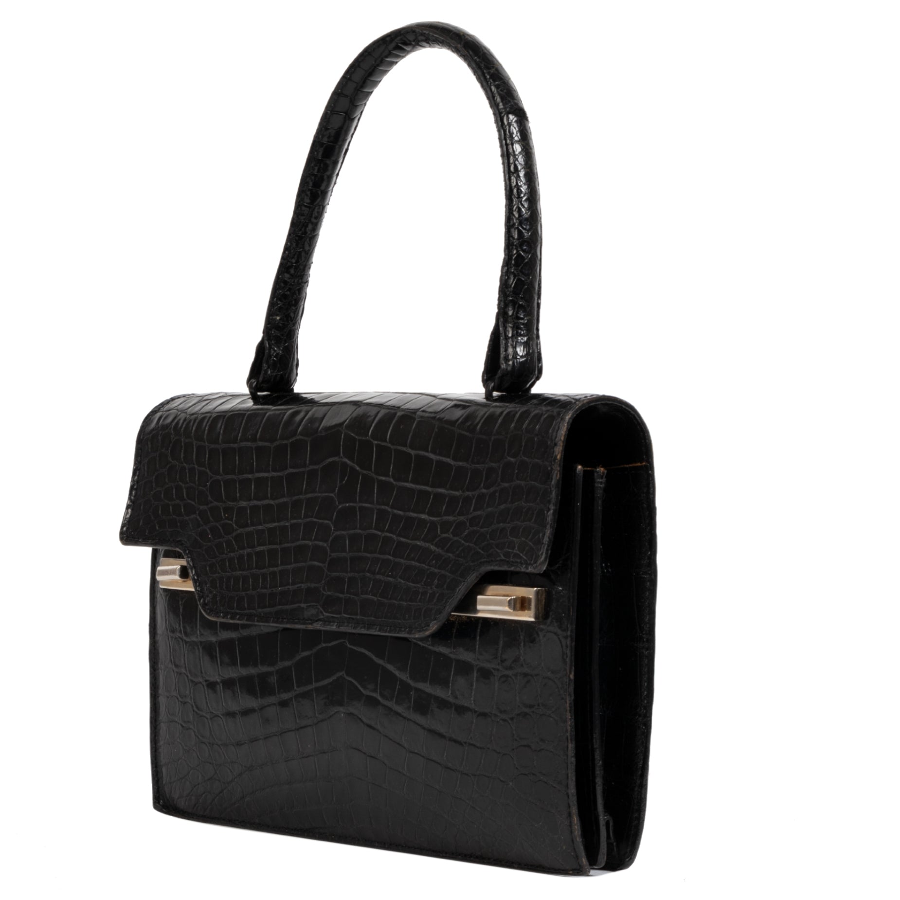 Authentieke Tweedehands Delvaux Black Vintage Crocodile Top Handle Bag juiste prijs veilig online shoppen luxe merken webshop winkelen Antwerpen België mode fashion
