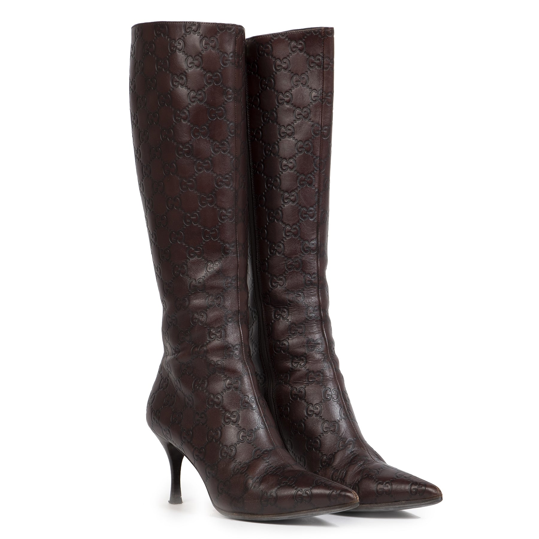koop veilig online tweedehends Gucci Guccissima Chocolat Leather knee High Boots - Size 38,5