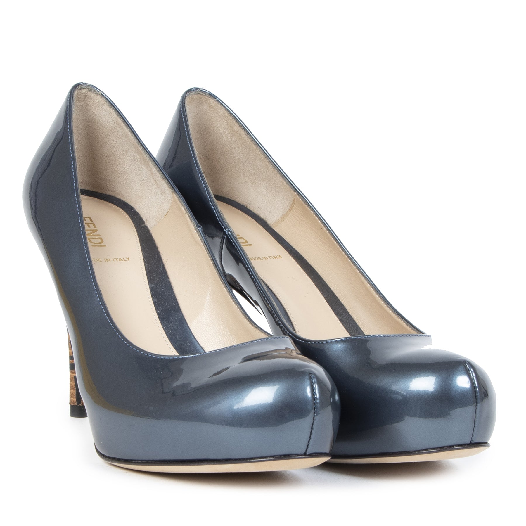 Authentieke Tweedehands Fendi Blue Patent Leather Logo Heel Platform Pumps - Size 38,5 juiste prijs veilig online shoppen luxe merken webshop winkelen Antwerpen België mode fashion