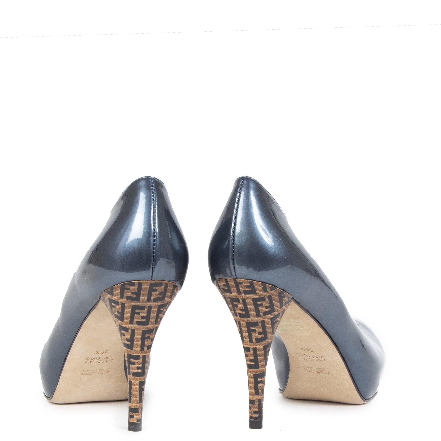 Authentieke Tweedehands Fendi Blue Patent Leather Logo Heel Platform Pumps - Size 38,5 juiste prijs veilig online shoppen luxe merken webshop winkelen Antwerpen België mode fashion