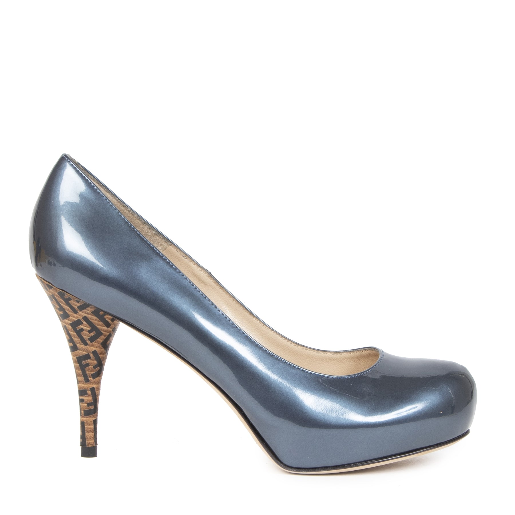 Authentic secondhand Fendi Blue Patent Leather Logo Heel Platform Pumps - Size 38,5 designer shoes pumps heels accessories designer brands luxury vintage webshop safe secure online shopping worldwide shipping