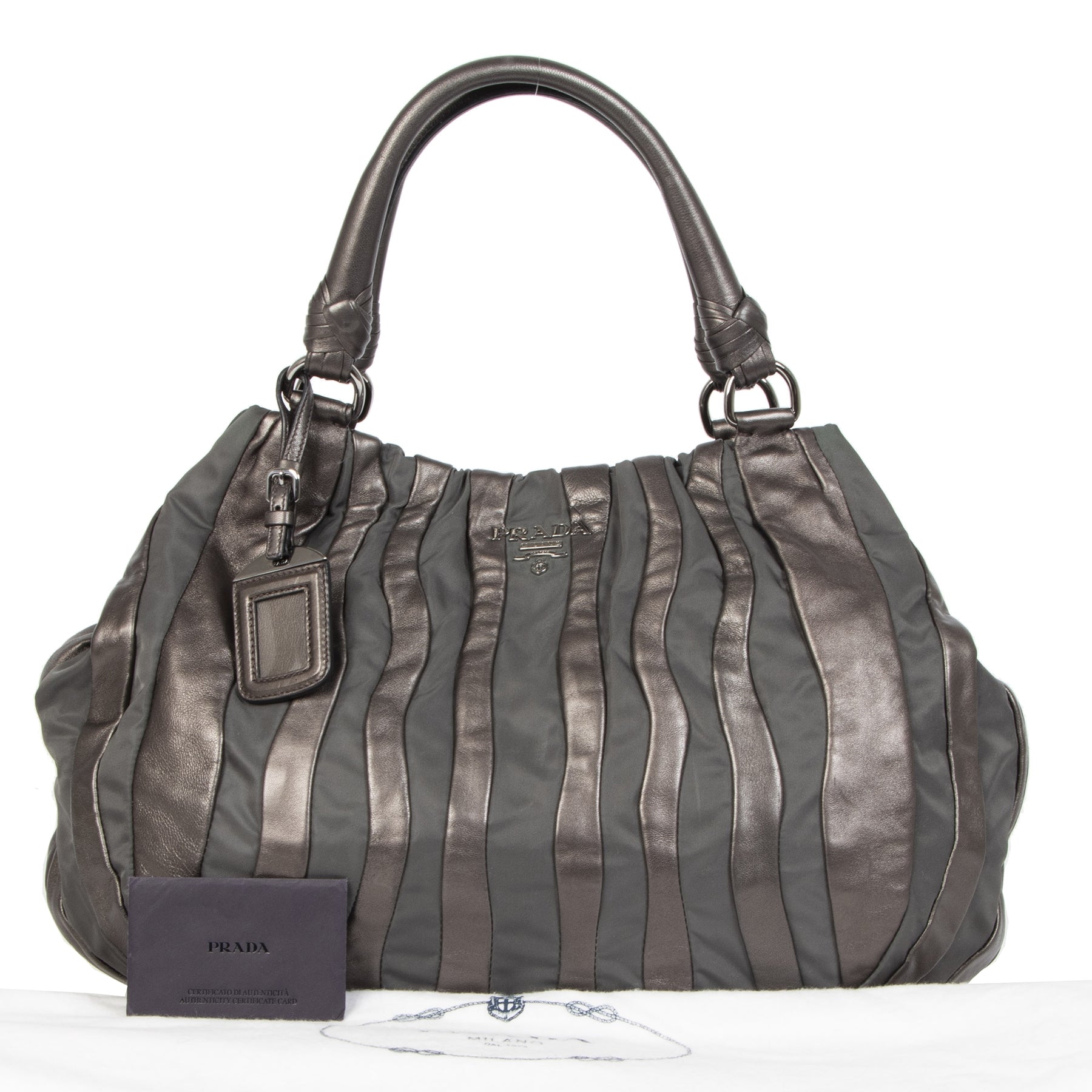Authentieke tweedehands vintage Prada Grafite Mordore Shoulder Bag koop online webshop LabelLOV