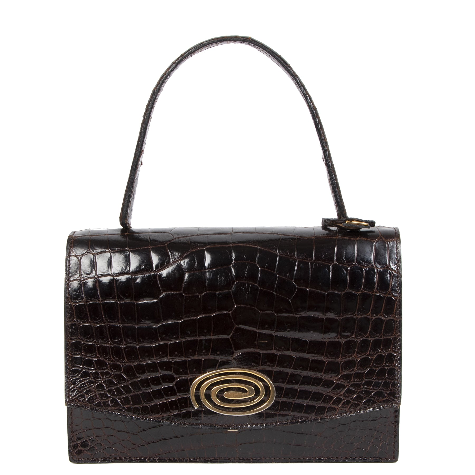 Authentieke Tweedehands Delvaux Vintage Brown Croco Top Handle Bag juiste prijs veilig online shoppen luxe merken webshop winkelen Antwerpen België mode fashion