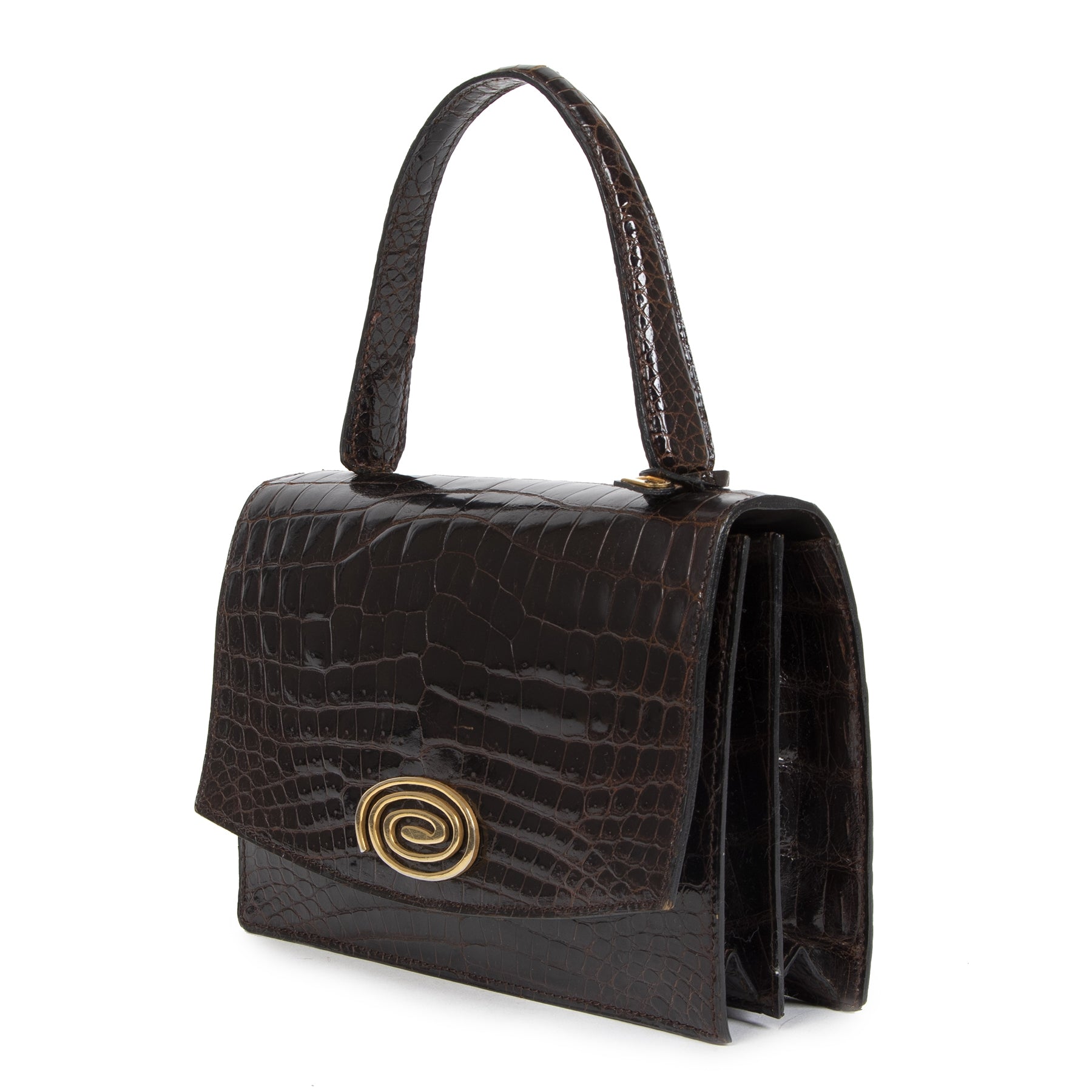 Authentieke Tweedehands Delvaux Vintage Brown Croco Top Handle Bag juiste prijs veilig online shoppen luxe merken webshop winkelen Antwerpen België mode fashion