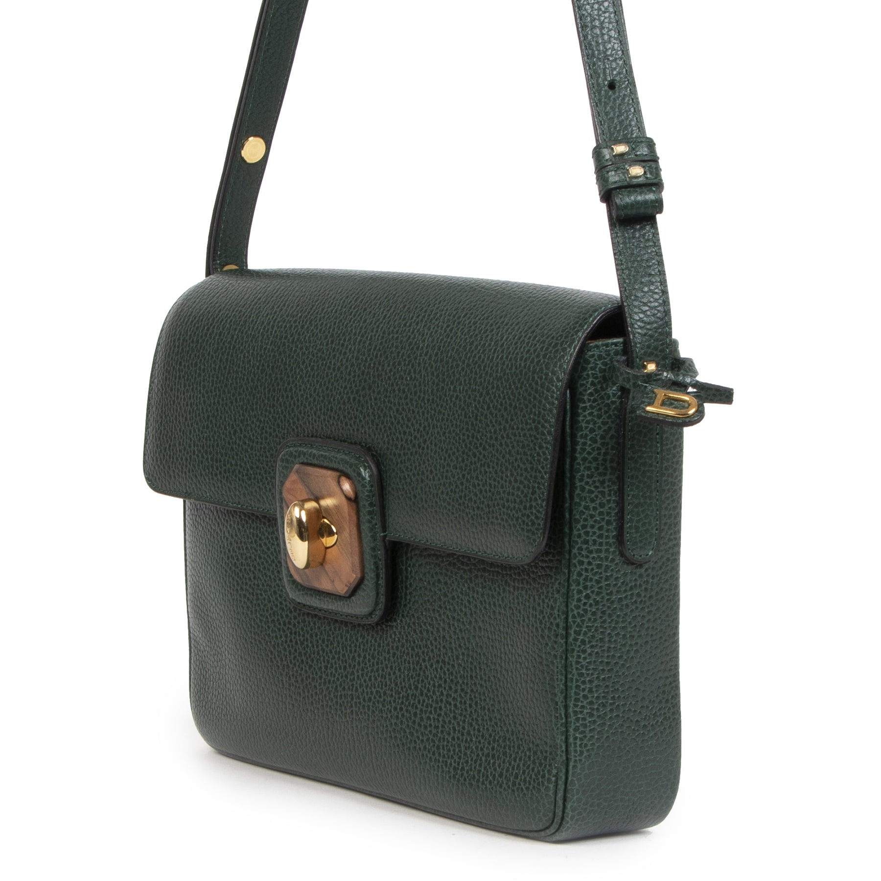 Authentieke Tweedehands Delvaux Green Leather Wooden Turnlock Bag juiste prijs veilig online shoppen luxe merken webshop winkelen Antwerpen België mode fashion