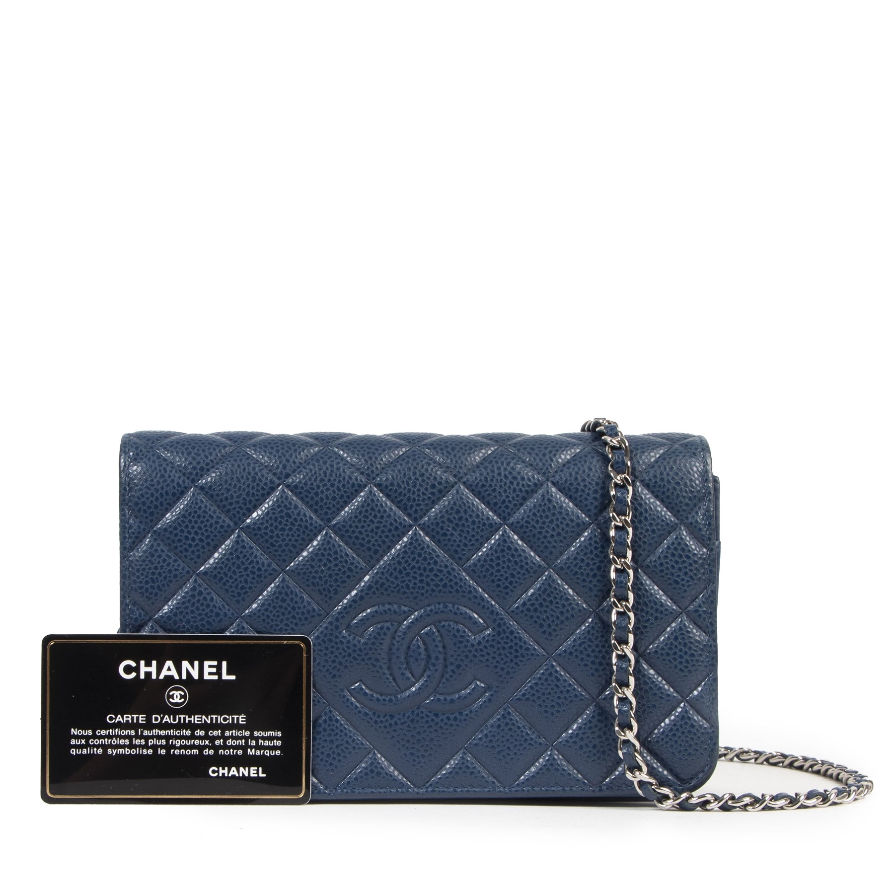 Are you looking for an authentic Chanel Blue CC Embossed Caviar WOC wallet on chain? We sell it at Labellov