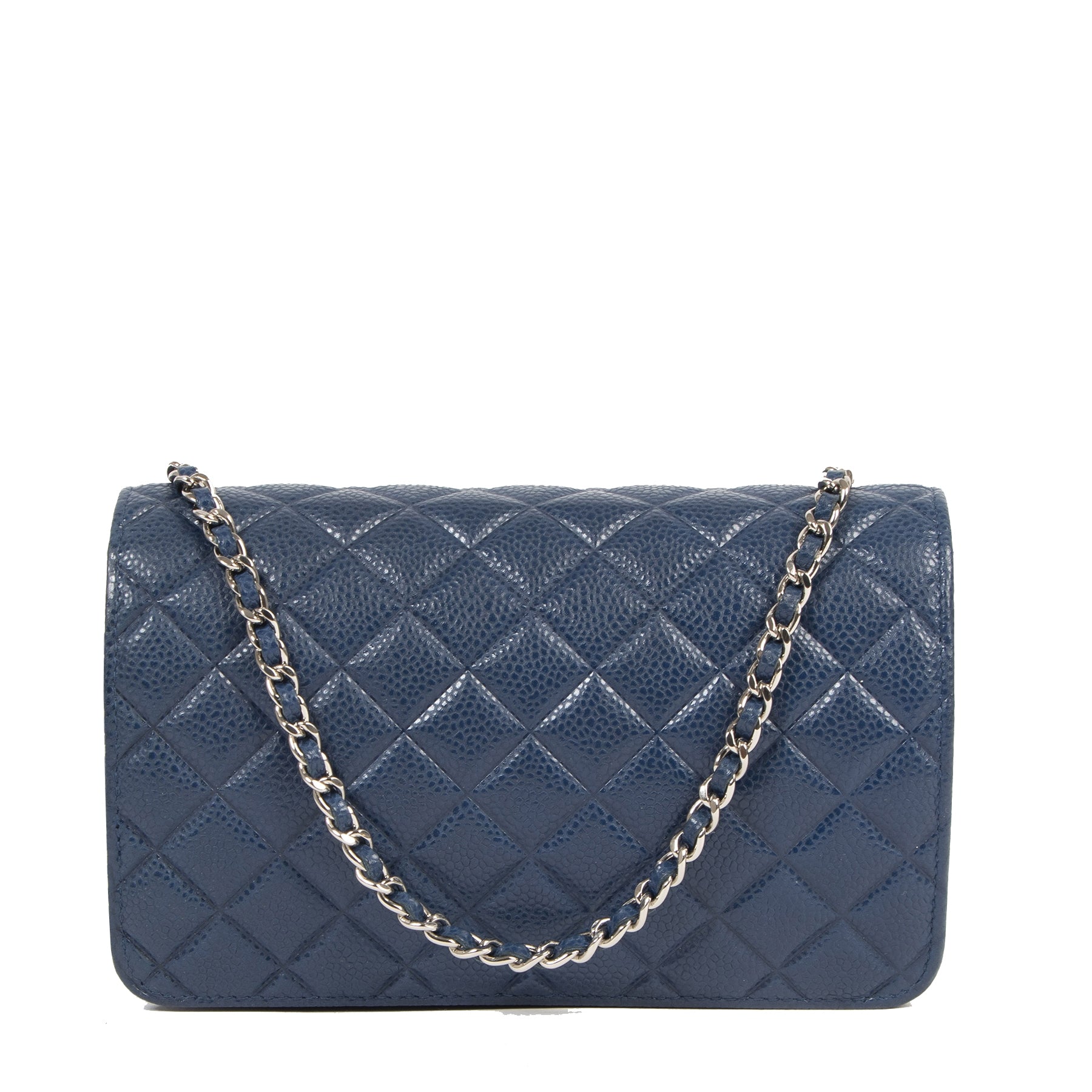 We buy and sell your authentic designer Chanel Blue CC Embossed Caviar WOC online at Labellov