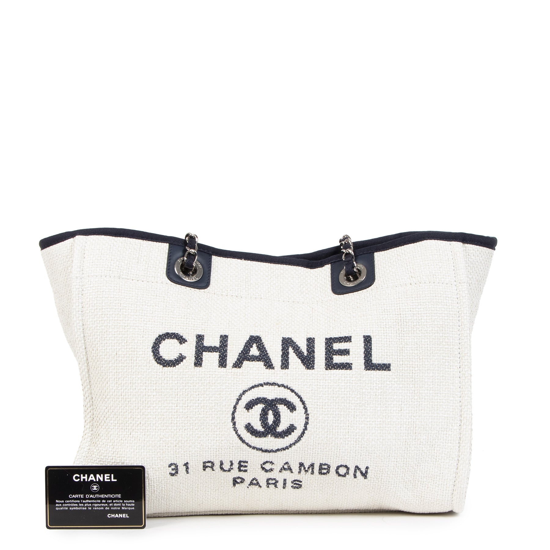 Authentic Secondhand Chanel Deauville Neutral Canvas Shoulder Tote Bag designer bags designer brands fashion luxury vintage webshop safe secure online shopping worldwide shipping delivery