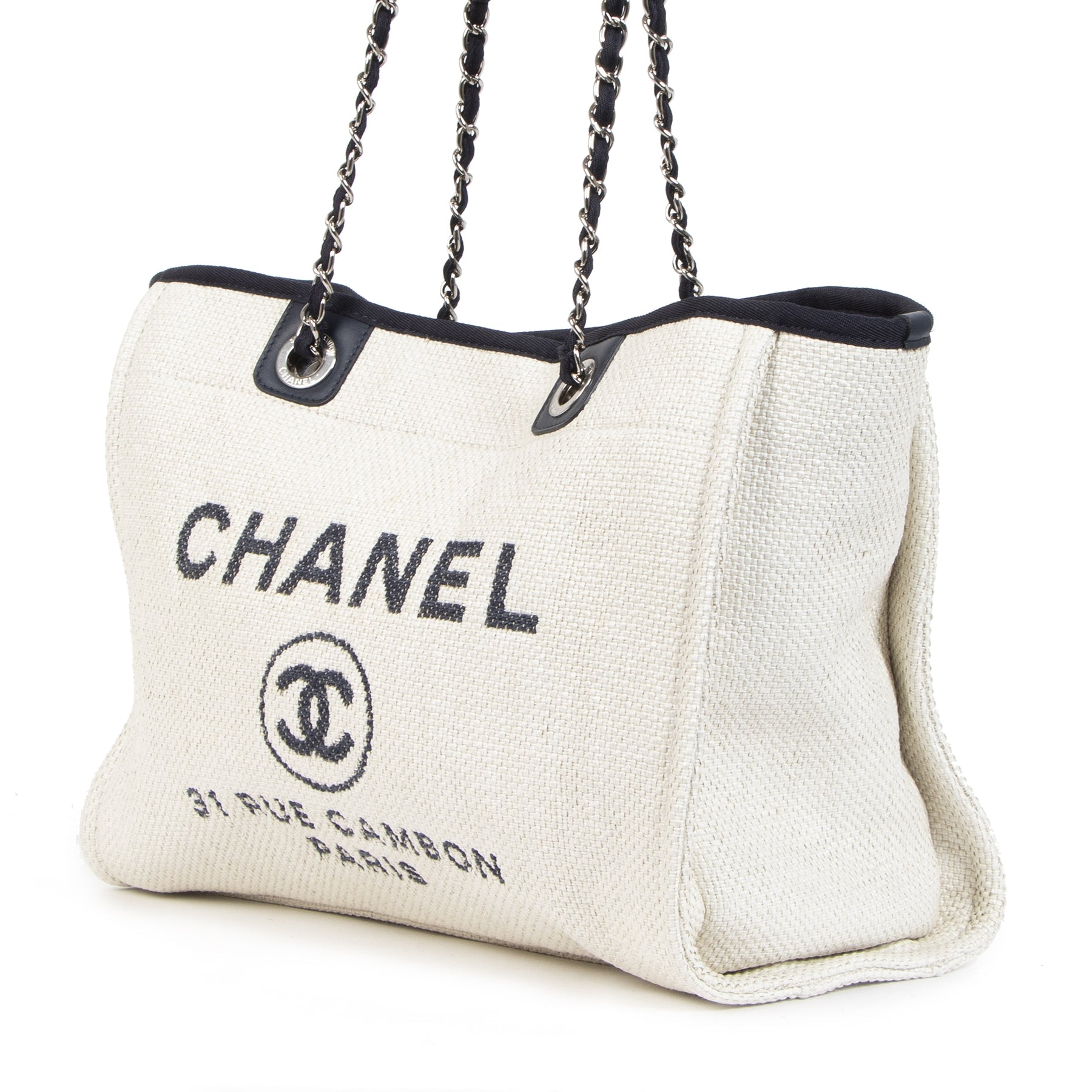 Authentieke Tweedehands Chanel Deauville Neutral Canvas Shoulder Tote Bag juiste prijs veilig online shoppen luxe merken webshop winkelen Antwerpen België mode fashion