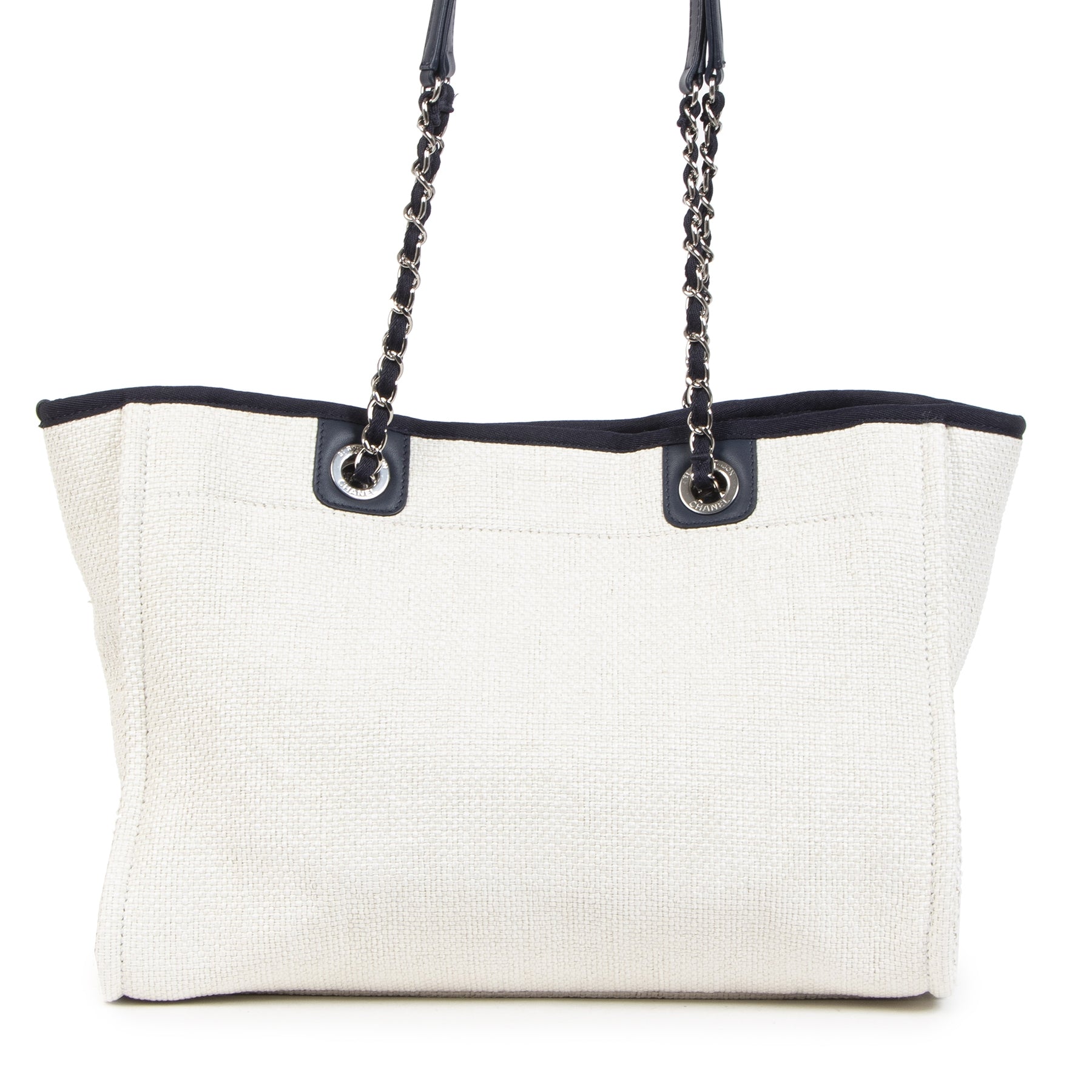Authentieke Tweedehands Chanel Deauville Neutral Canvas Shoulder Tote Bag juiste prijs veilig online shoppen luxe merken webshop winkelen Antwerpen België mode fashion